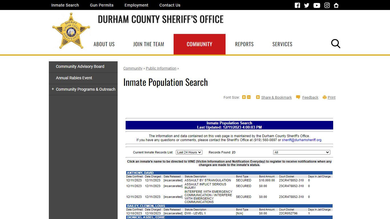 Inmate Population Search | Durham County Sheriff